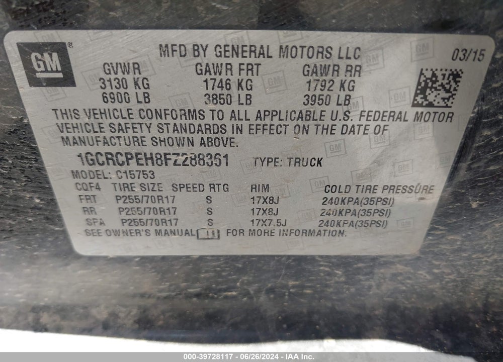 2015 CHEVROLET SILVERADO 1500 WT VIN: 1GCRCPEH8FZ288361
