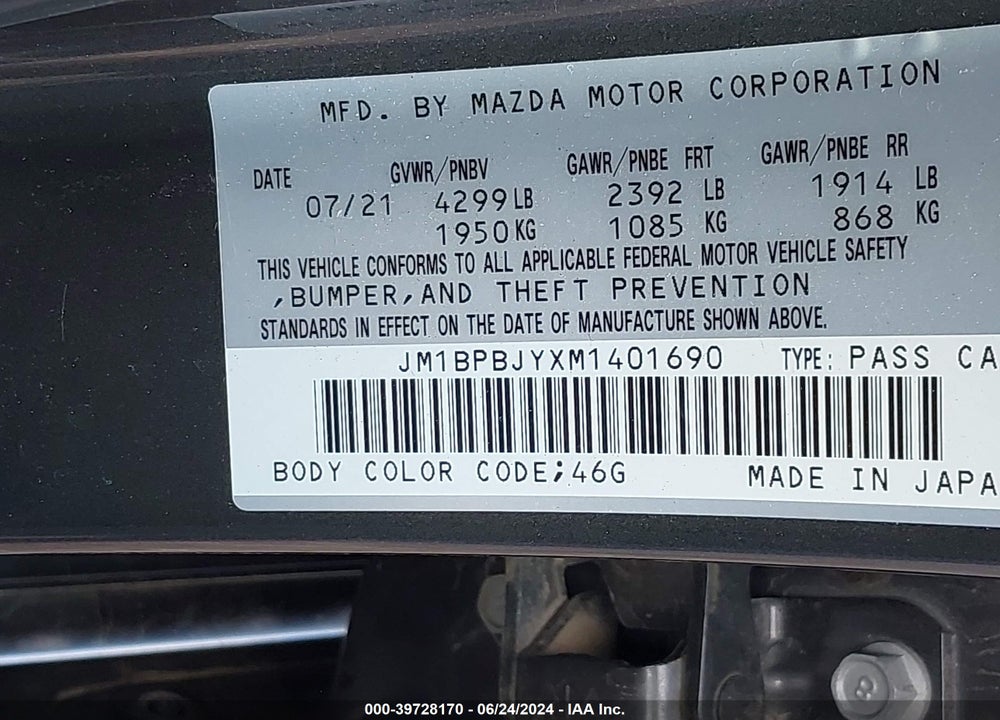 2021 MAZDA 3 2.5 TURBO VIN: JM1BPBJYXM1401690