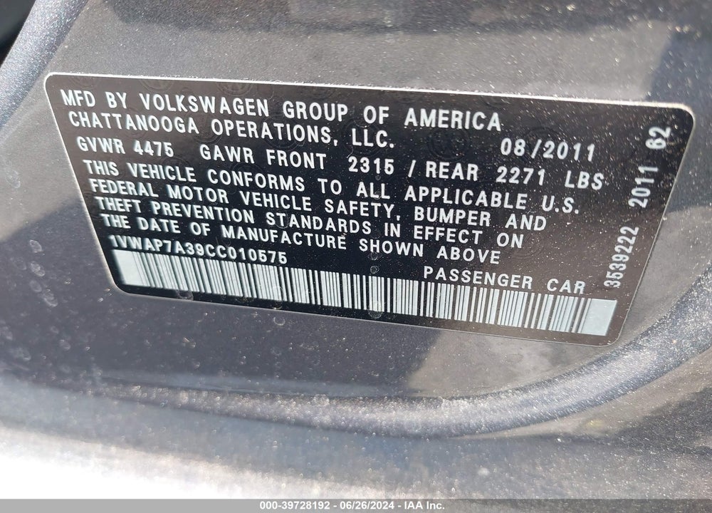 2012 VOLKSWAGEN PASSAT 2.5L S VIN: 1VWAP7A39CC010575