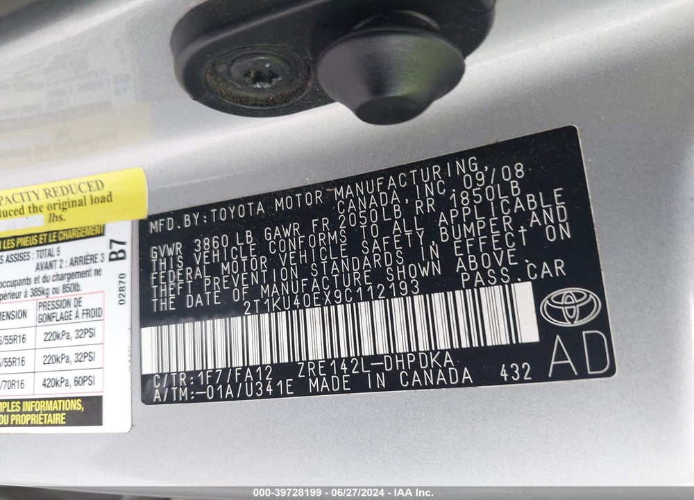 2009 TOYOTA MATRIX VIN: 2T1KU40EX9C112193