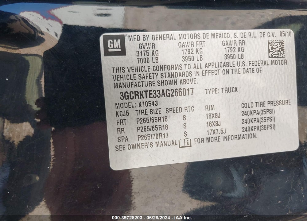 2010 CHEVROLET SILVERADO 1500 LTZ VIN: 3GCRKTE33AG266017