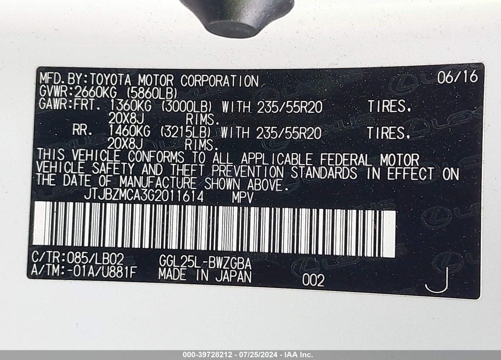 2016 LEXUS RX 350 VIN: JTJBZMCA3G2011614
