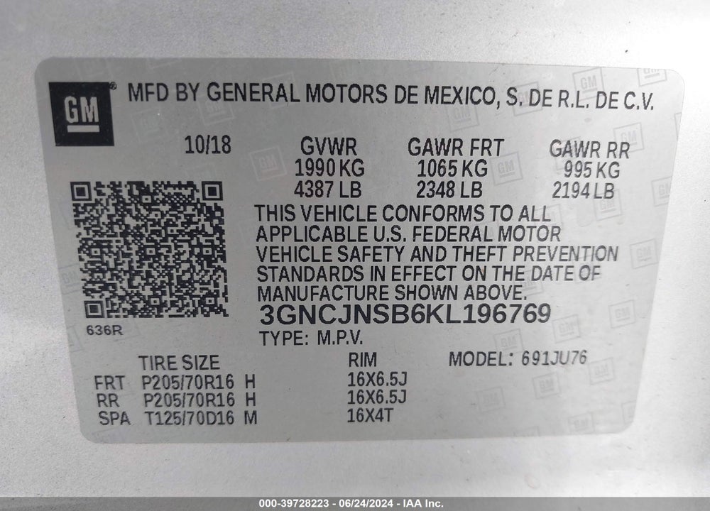 2019 CHEVROLET TRAX LS VIN: 3GNCJNSB6KL196769