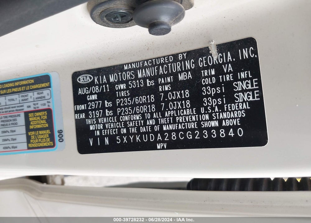 2012 KIA SORENTO EX V6 VIN: 5XYKUDA28CG233840