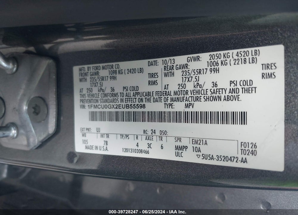 2014 FORD ESCAPE SE VIN: 1FMCU0GX2EUB55598