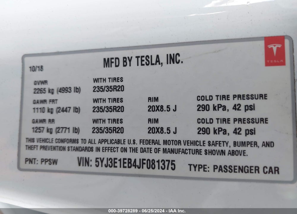 2018 TESLA MODEL 3 LONG RANGE/PERFORMANCE VIN: 5YJ3E1EB4JF081375