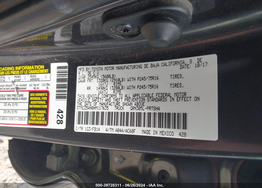 2017 TOYOTA TACOMA SR V6 VIN: 3TMCZ5AN8HM117635
