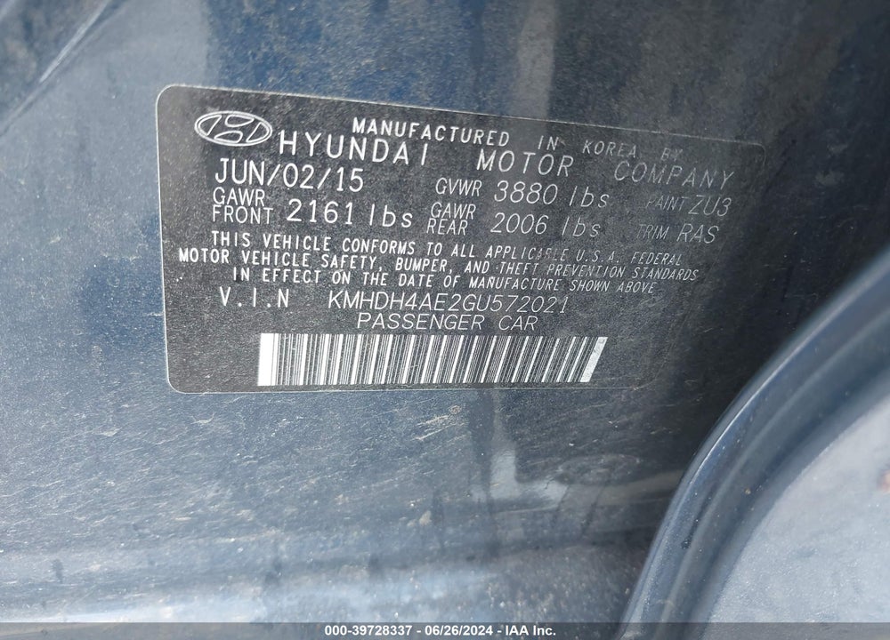 2016 HYUNDAI ELANTRA SE VIN: KMHDH4AE2GU572021