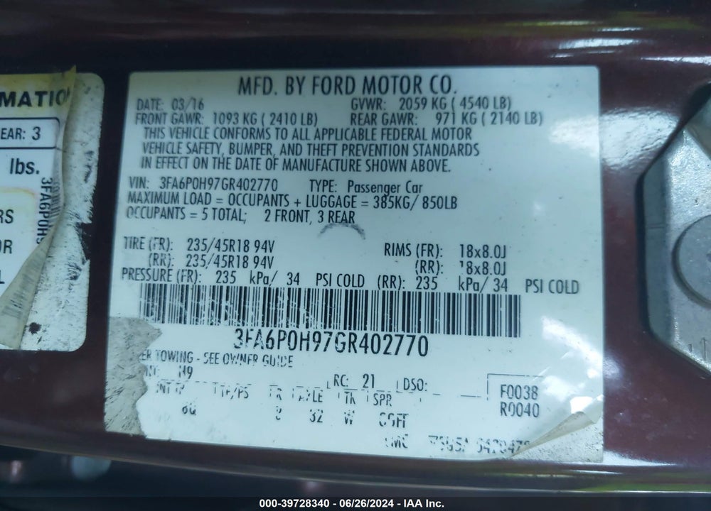 2016 FORD FUSION SE VIN: 3FA6P0H97GR402770