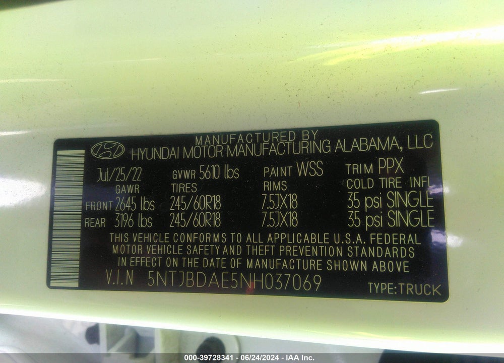 2022 HYUNDAI SANTA CRUZ SEL VIN: 5NTJBDAE5NH037069