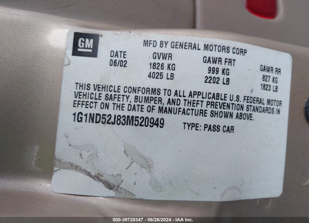 2003 CHEVROLET MALIBU VIN: 1G1ND52J83M520949