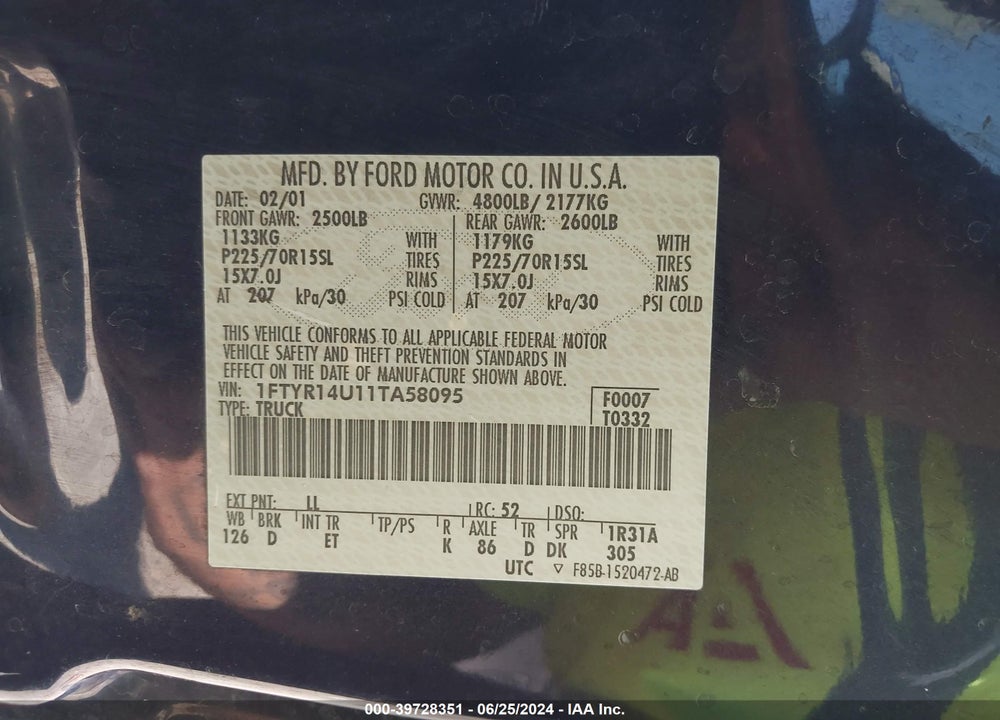 2001 FORD RANGER EDGE/XL/XLT VIN: 1FTYR14U11TA58095