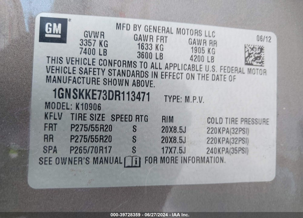 2013 CHEVROLET SUBURBAN 1500 VIN: 1GNSKKE73DR113471