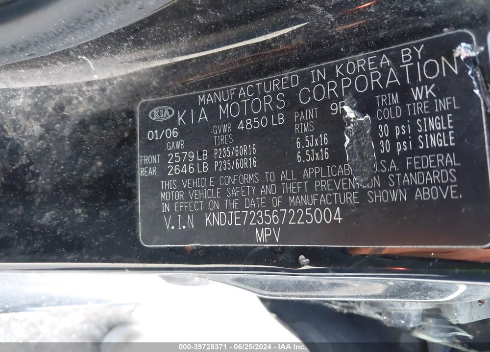 2006 KIA SPORTAGE EX V6/LX V6 VIN: KNDJE723567225004