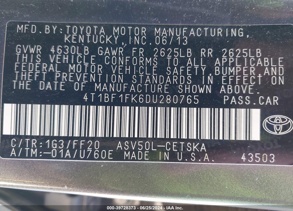 2013 TOYOTA CAMRY SE VIN: 4T1BF1FK6DU280765