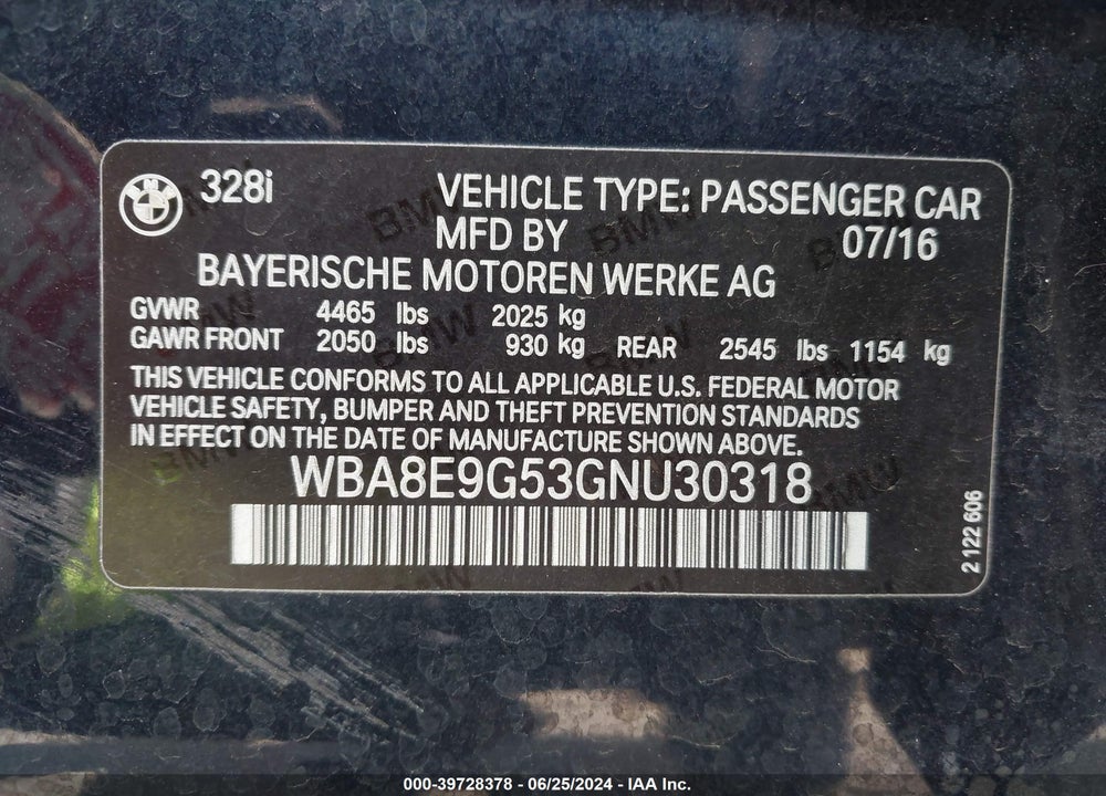 2016 BMW 328I VIN: WBA8E9G53GNU30318