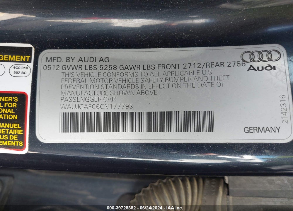 2012 AUDI A6 3.0 PREMIUM VIN: WAUJGAFC6CN177793