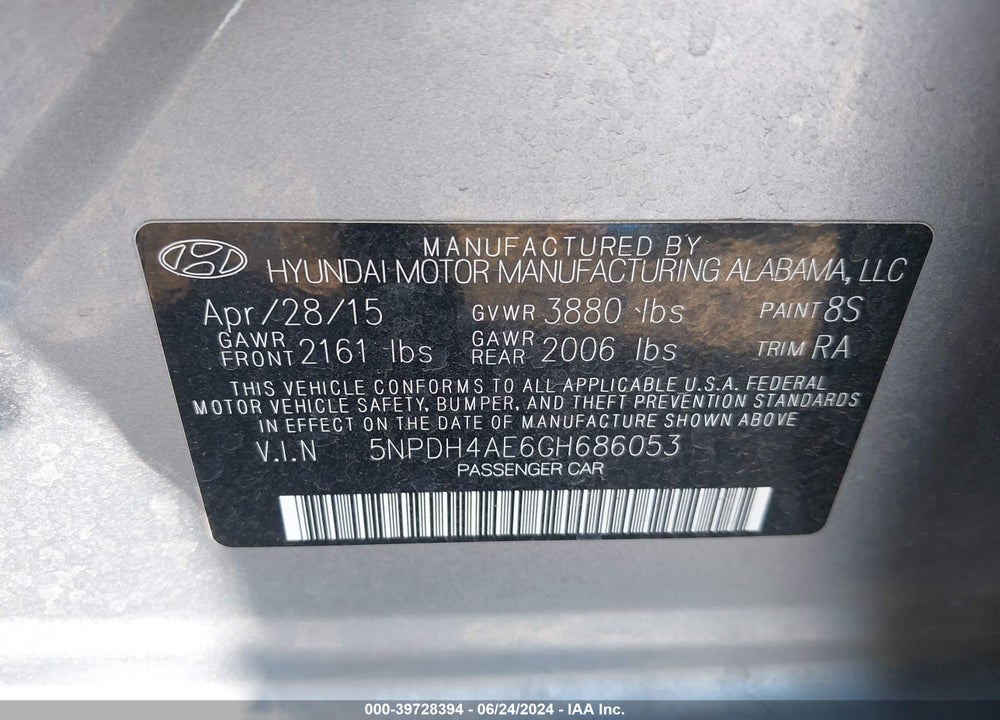 2016 HYUNDAI ELANTRA SE VIN: 5NPDH4AE6GH686053