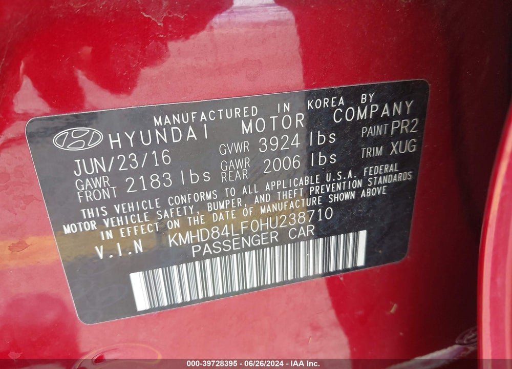 2017 HYUNDAI ELANTRA VALUE EDITION VIN: KMHD84LF0HU238710