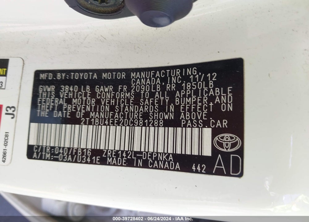 2013 TOYOTA COROLLA LE VIN: 2T1BU4EE2DC981288