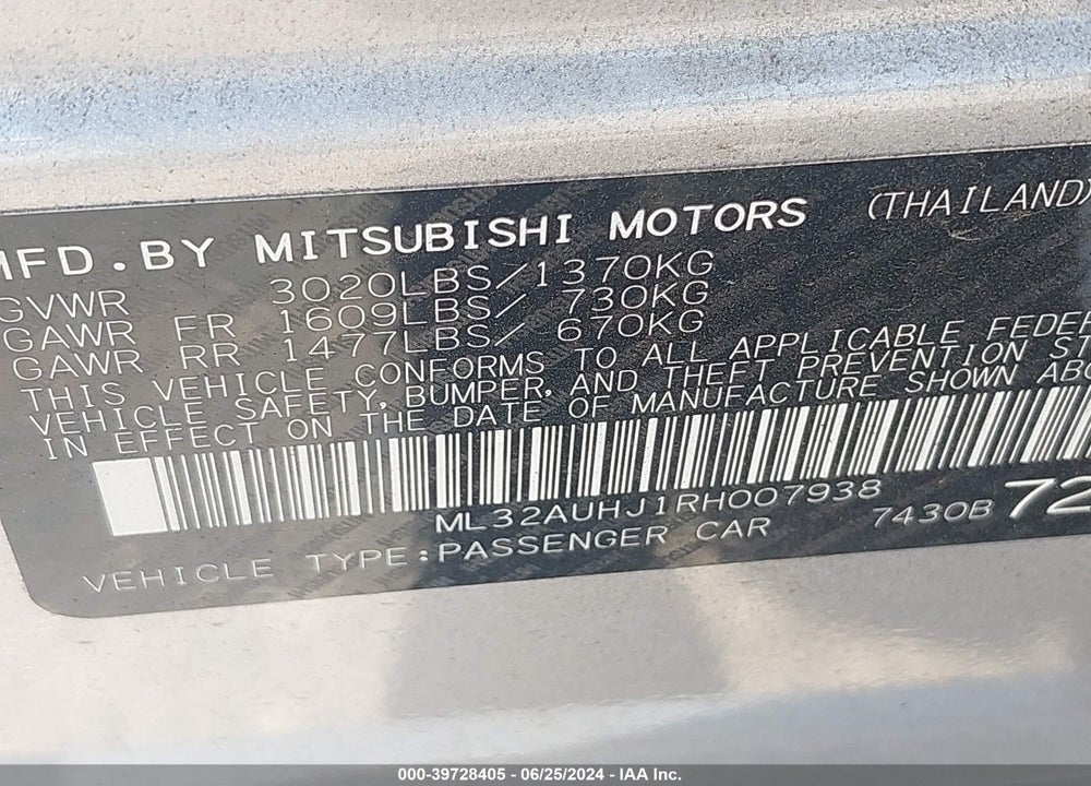 2024 MITSUBISHI MIRAGE ES/LE VIN: ML32AUHJ1RH007938