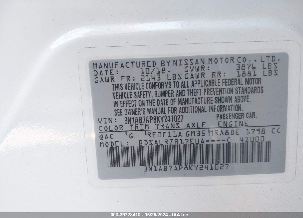 2019 NISSAN SENTRA SR VIN: 3N1AB7AP8KY241027