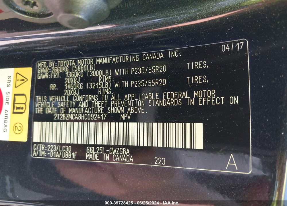 2017 LEXUS RX 350 F-SPORT VIN: 2T2BZMCA8HC092417