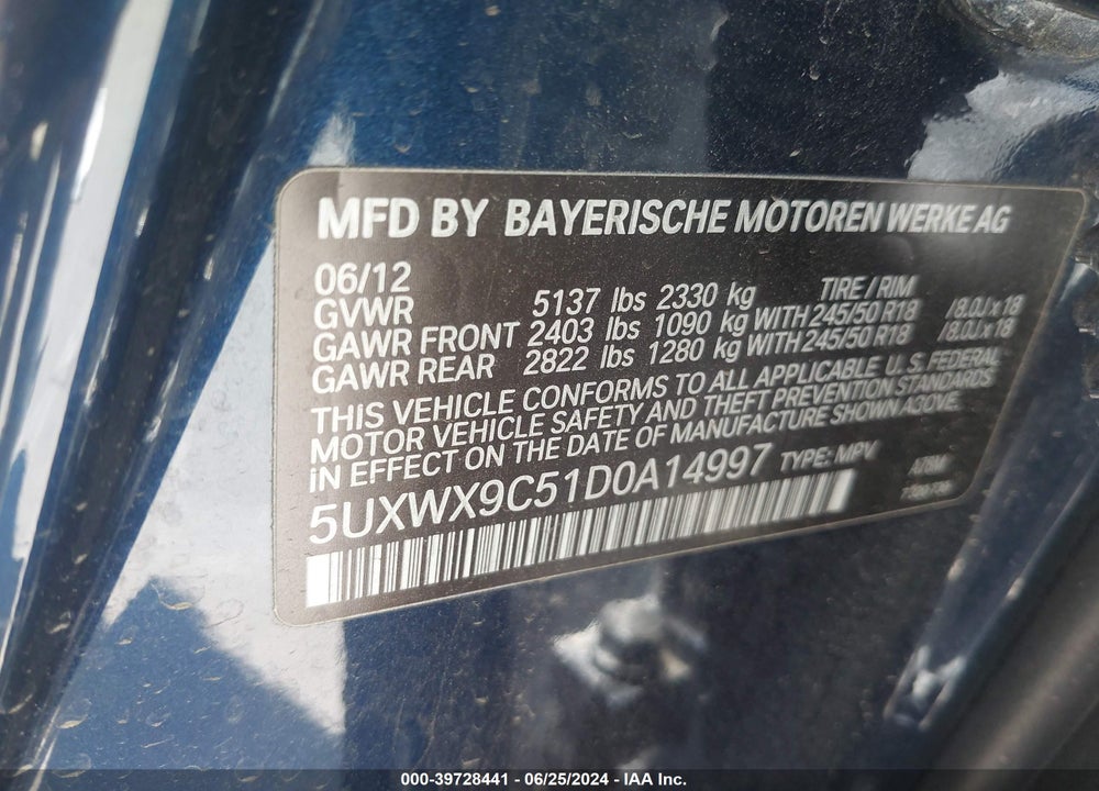 2013 BMW X3 XDRIVE28I VIN: 5UXWX9C51D0A14997