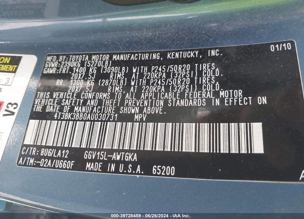 2010 TOYOTA VENZA BASE V6 VIN: 4T3BK3BB0AU030731