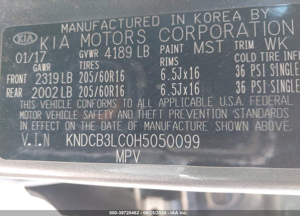 2017 KIA NIRO VIN: KNDCB3LC0H5050099