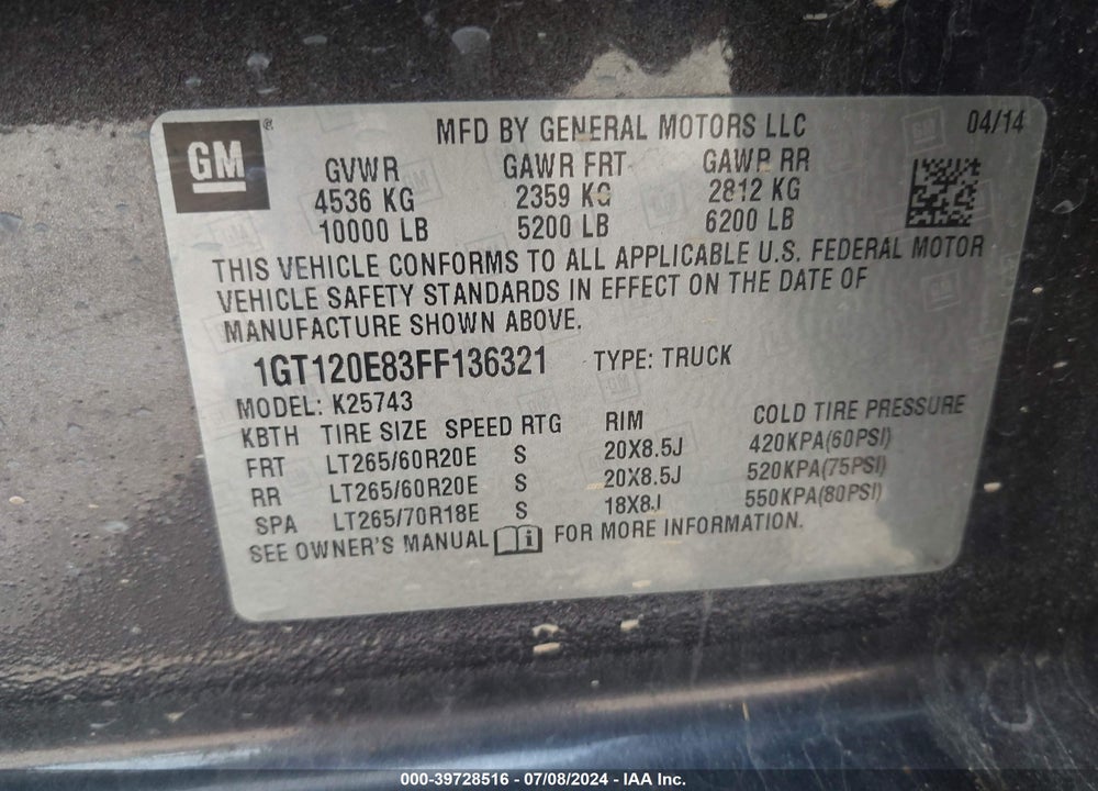 2015 GMC SIERRA 2500HD DENALI VIN: 1GT120E83FF136321