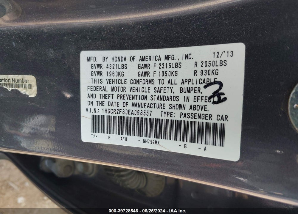 2014 HONDA ACCORD EX-L VIN: 1HGCR2F80EA098557