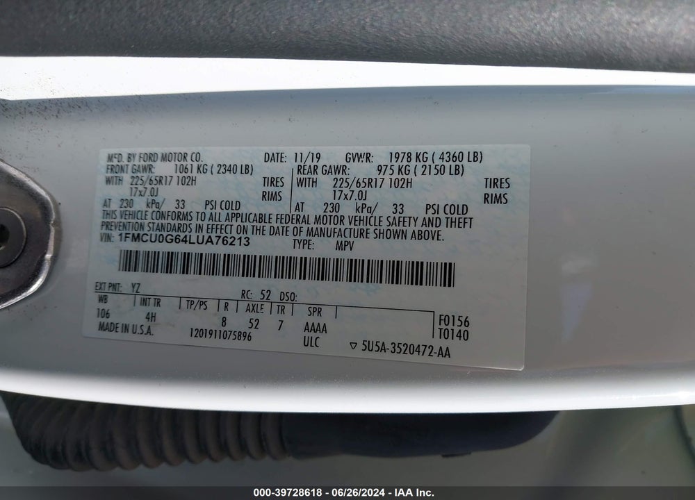 2020 FORD ESCAPE SE VIN: 1FMCU0G64LUA76213