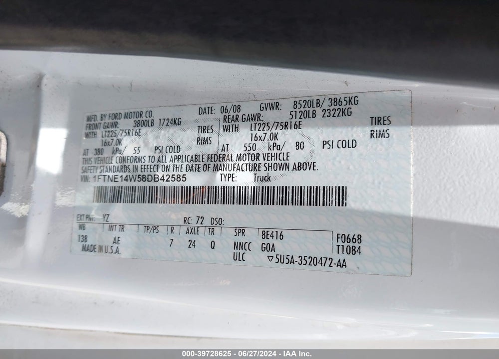 2008 FORD E-150 COMMERCIAL/RECREATIONAL VIN: 1FTNE14W58DB42585