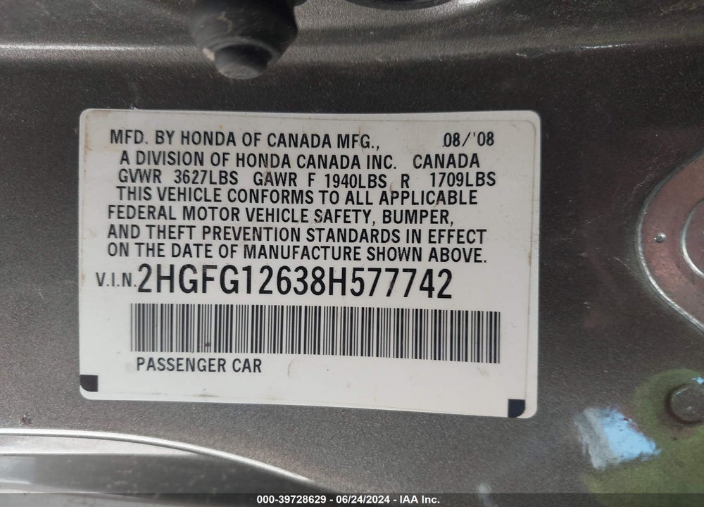 2008 HONDA CIVIC LX VIN: 2HGFG12638H577742