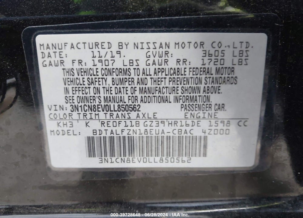 2020 NISSAN VERSA SV XTRONIC CVT VIN: 3N1CN8EV0LL850562