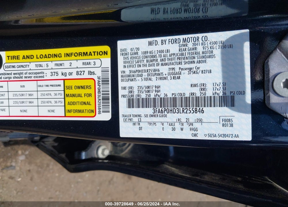2020 FORD FUSION SE VIN: 3FA6P0HD3LR255846