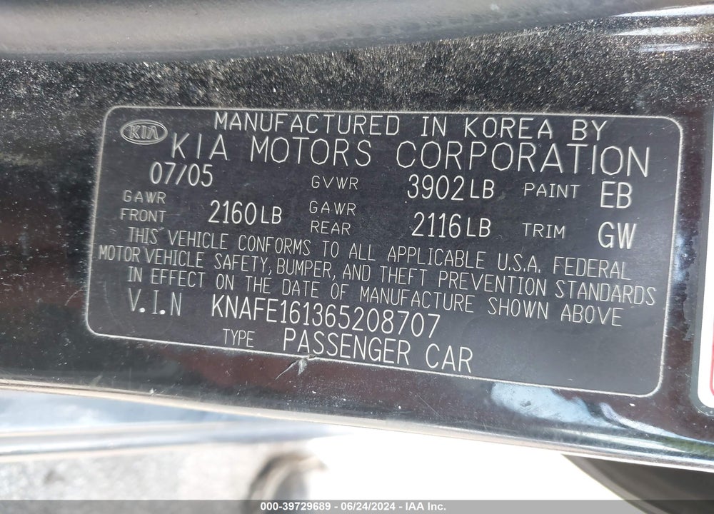 2006 KIA SPECTRA5 VIN: KNAFE161365208707