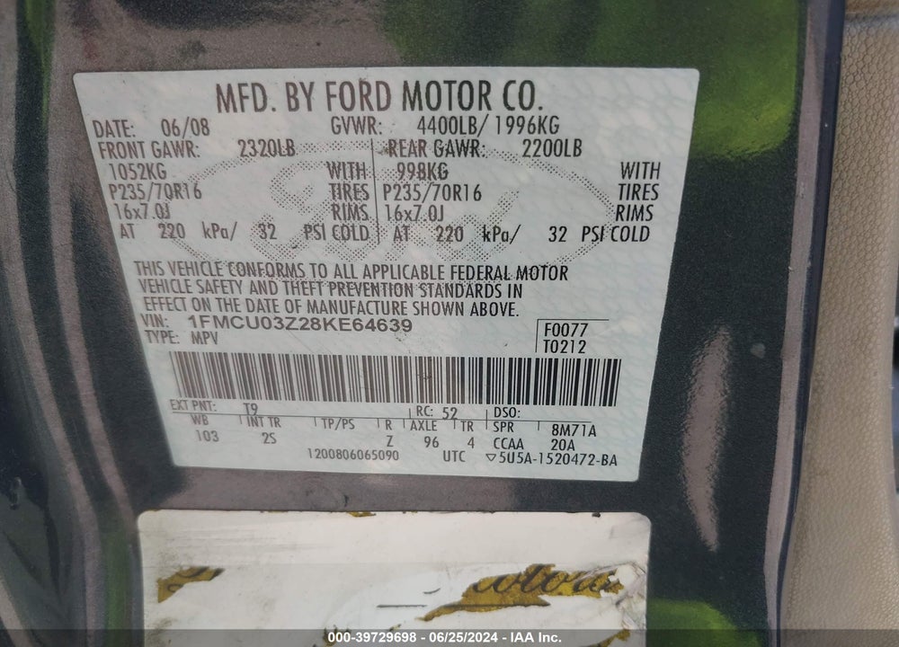 2008 FORD ESCAPE XLT VIN: 1FMCU03Z28KE64639