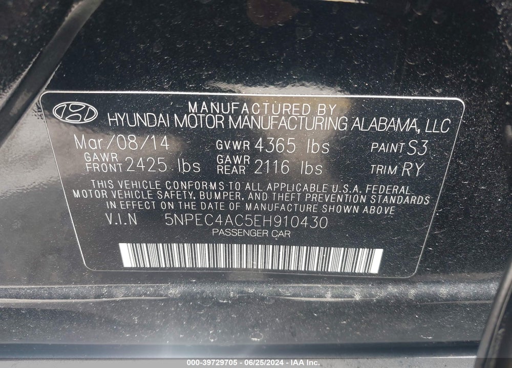 2014 HYUNDAI SONATA LIMITED VIN: 5NPEC4AC5EH910430