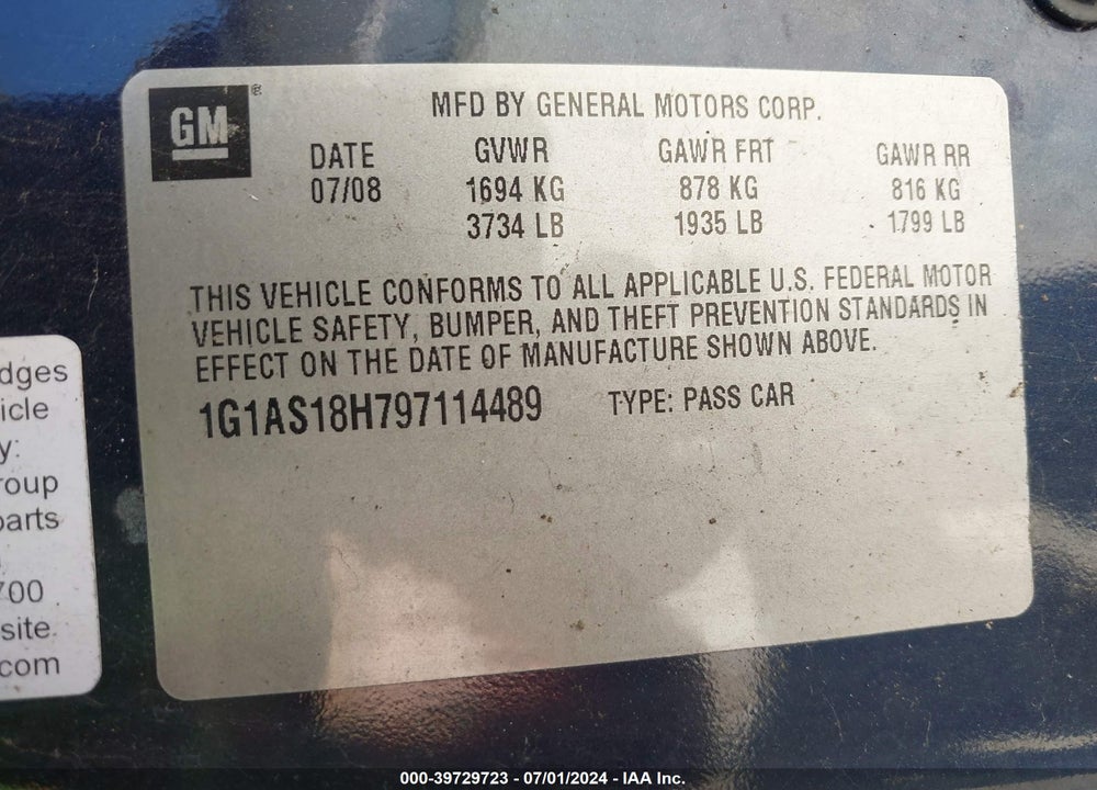2009 CHEVROLET COBALT LS VIN: 1G1AS18H797114489