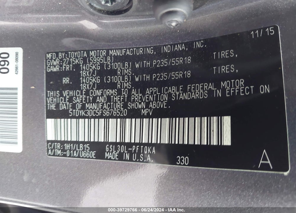2015 TOYOTA SIENNA LIMITED 7 PASSENGER VIN: 5TDYK3DC5FS676520