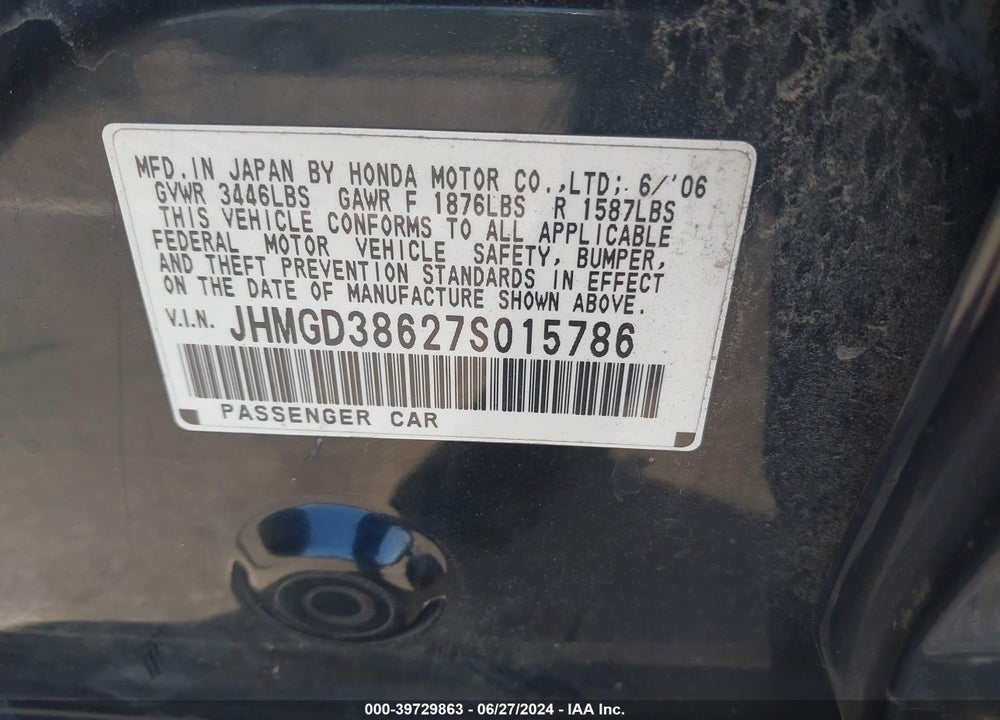 2007 HONDA FIT SPORT VIN: JHMGD38627S015786