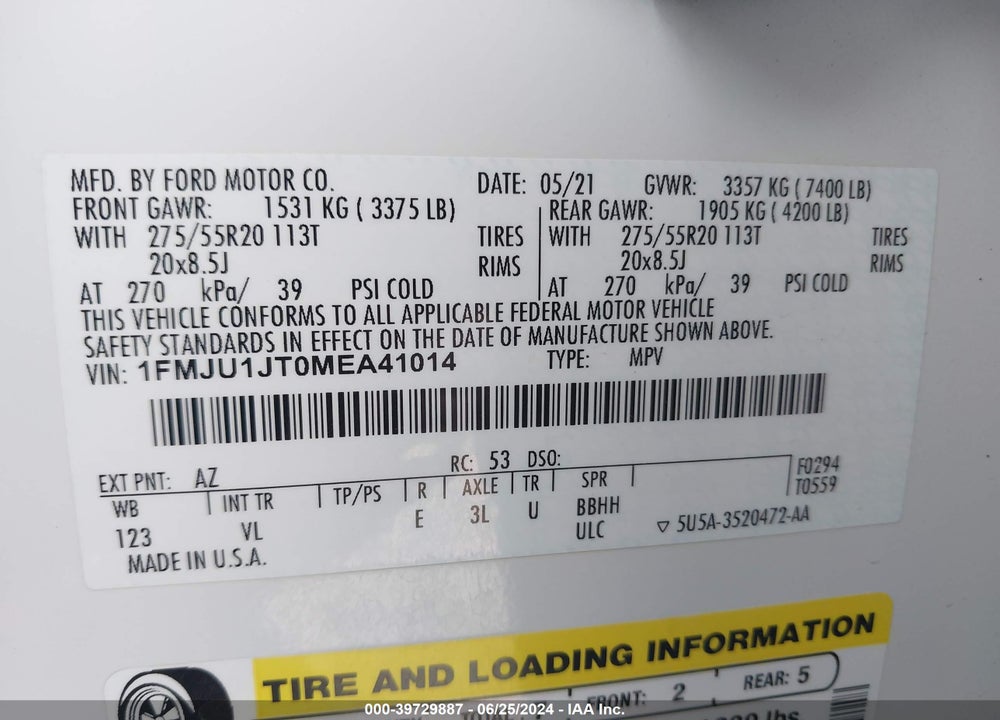 2021 FORD EXPEDITION XLT VIN: 1FMJU1JT0MEA41014