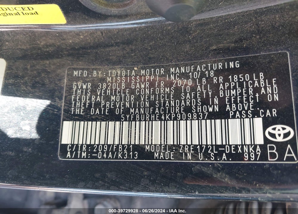 2019 TOYOTA COROLLA LE VIN: 5YFBURHE4KP909837