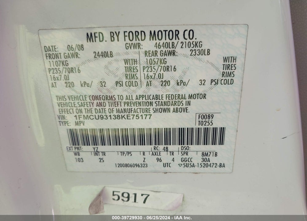 2008 FORD ESCAPE XLT VIN: 1FMCU93138KE75177