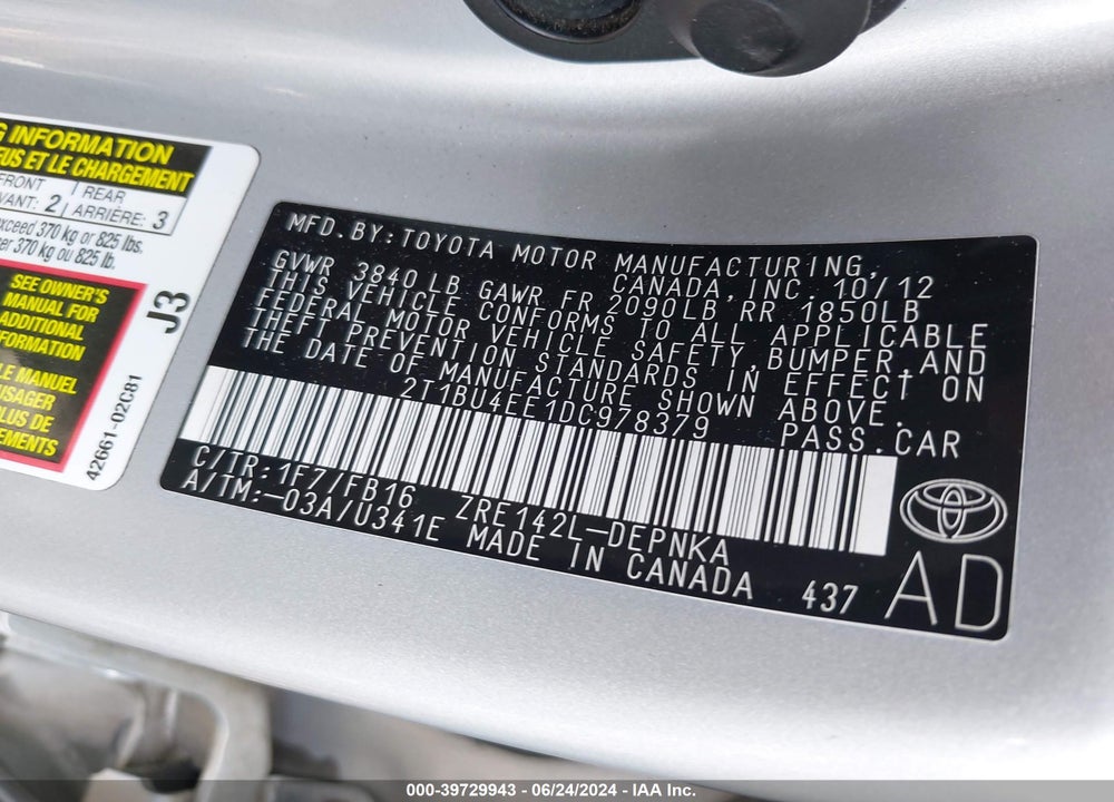 2013 TOYOTA COROLLA LE VIN: 2T1BU4EE1DC978379