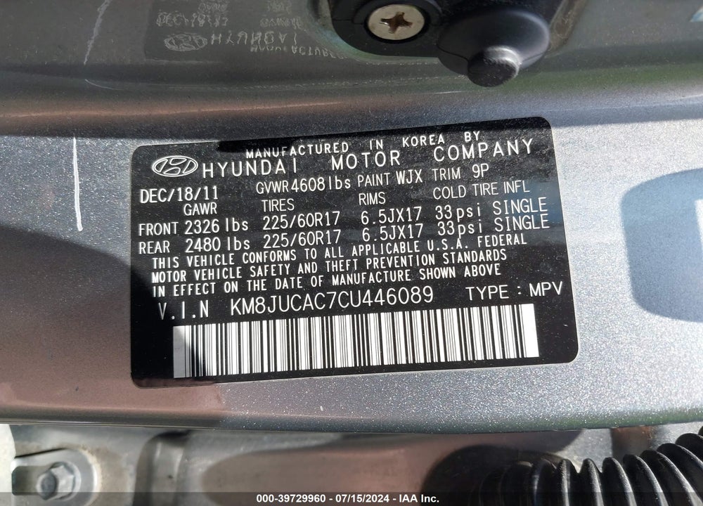 2012 HYUNDAI TUCSON GLS VIN: KM8JUCAC7CU446089