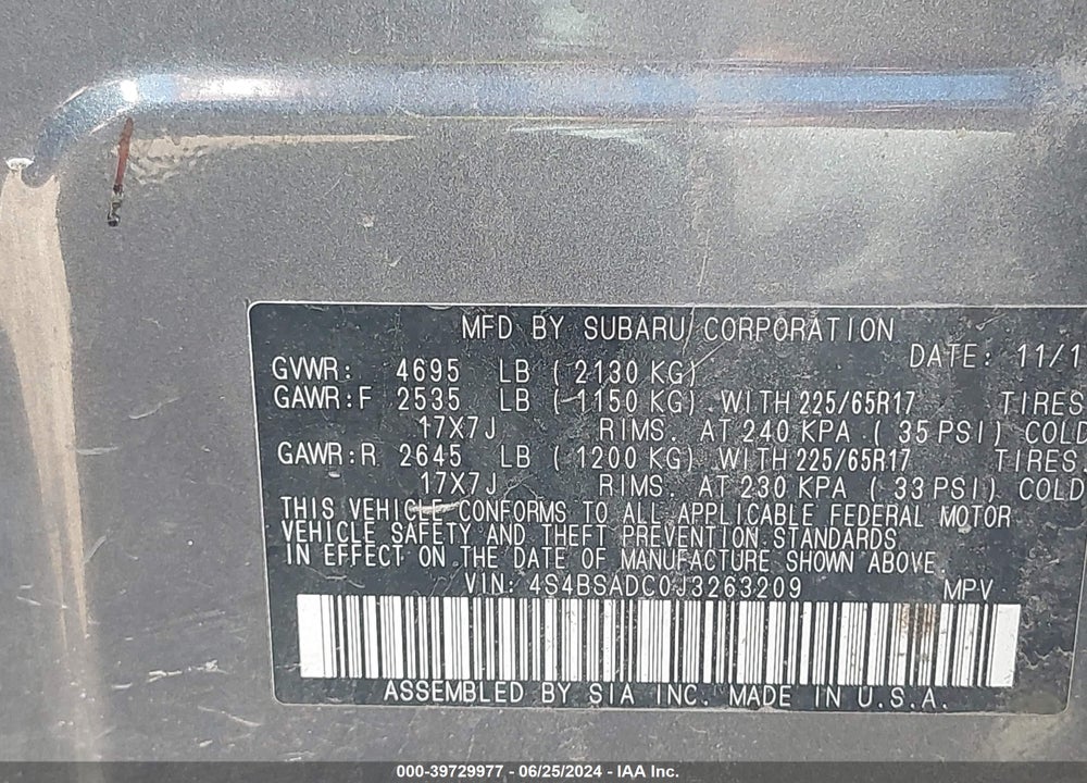 2018 SUBARU OUTBACK VIN: 4S4BSADC0J3263209