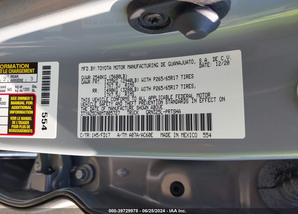 2021 TOYOTA TACOMA TRD SPORT VIN: 3TYAZ5CN8MT005727